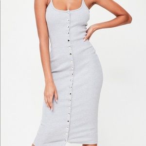Gray Strappy Ribbed Popper Midi Dress